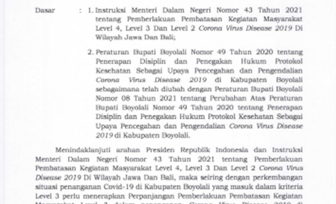 INSTRUKSI BUPATI NO 13 PERPANJANGAN PPKM LEVEL 3 21 SEPTEMBER - 4 OKTOBER